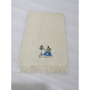 Vintage Linen Tea Towel Fingertip Fringe Embroidered Lady Sitting Bird Cage